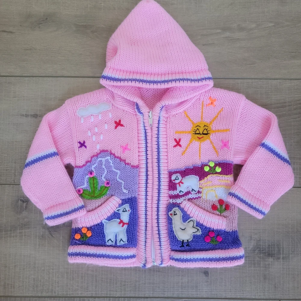 The Whisper Handicrafts Girls 100% Wool Llama Zip Hoodie Pink Size 18-24M / 2T